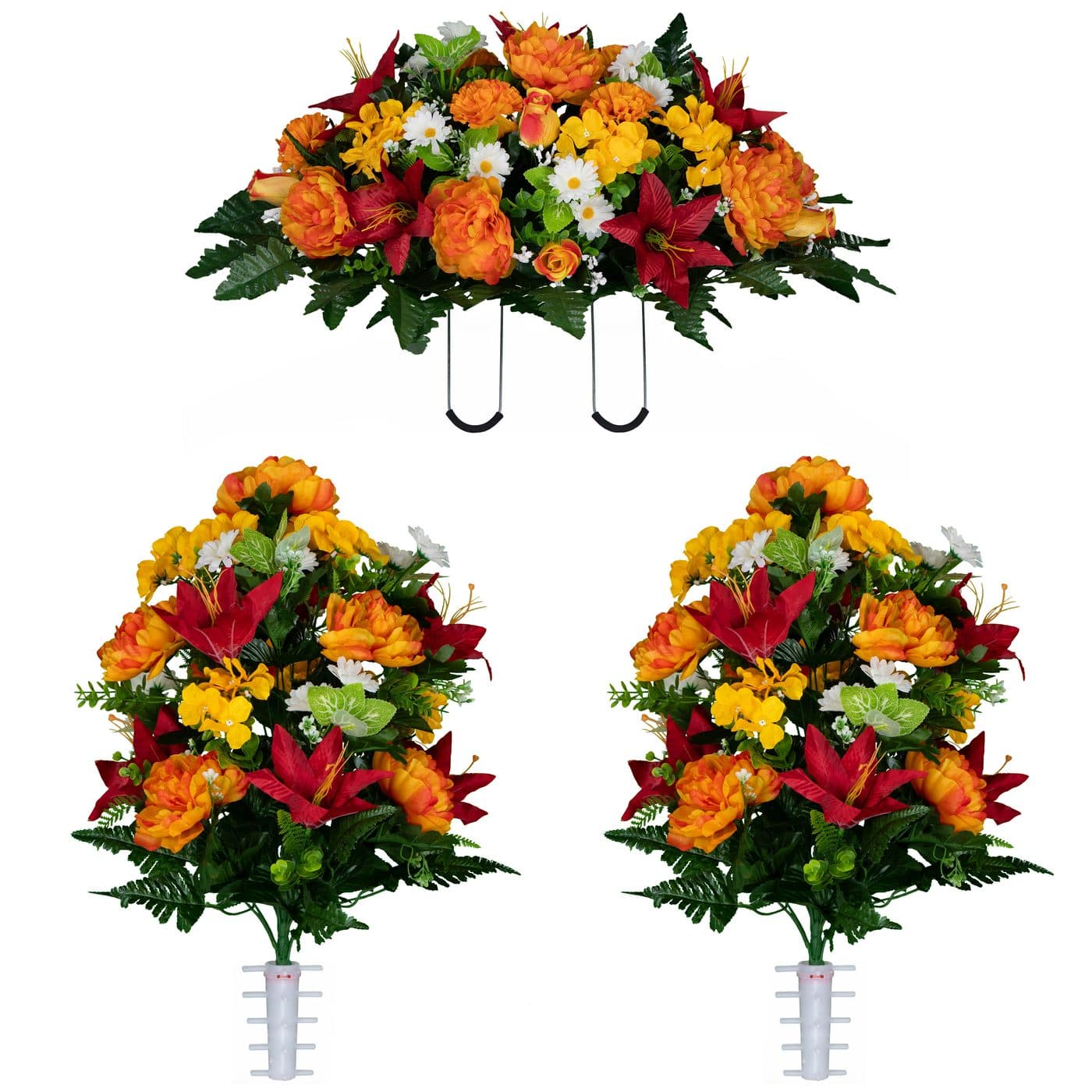 Red Lily and Sunrise Peony Saddle with (2) Bouquets