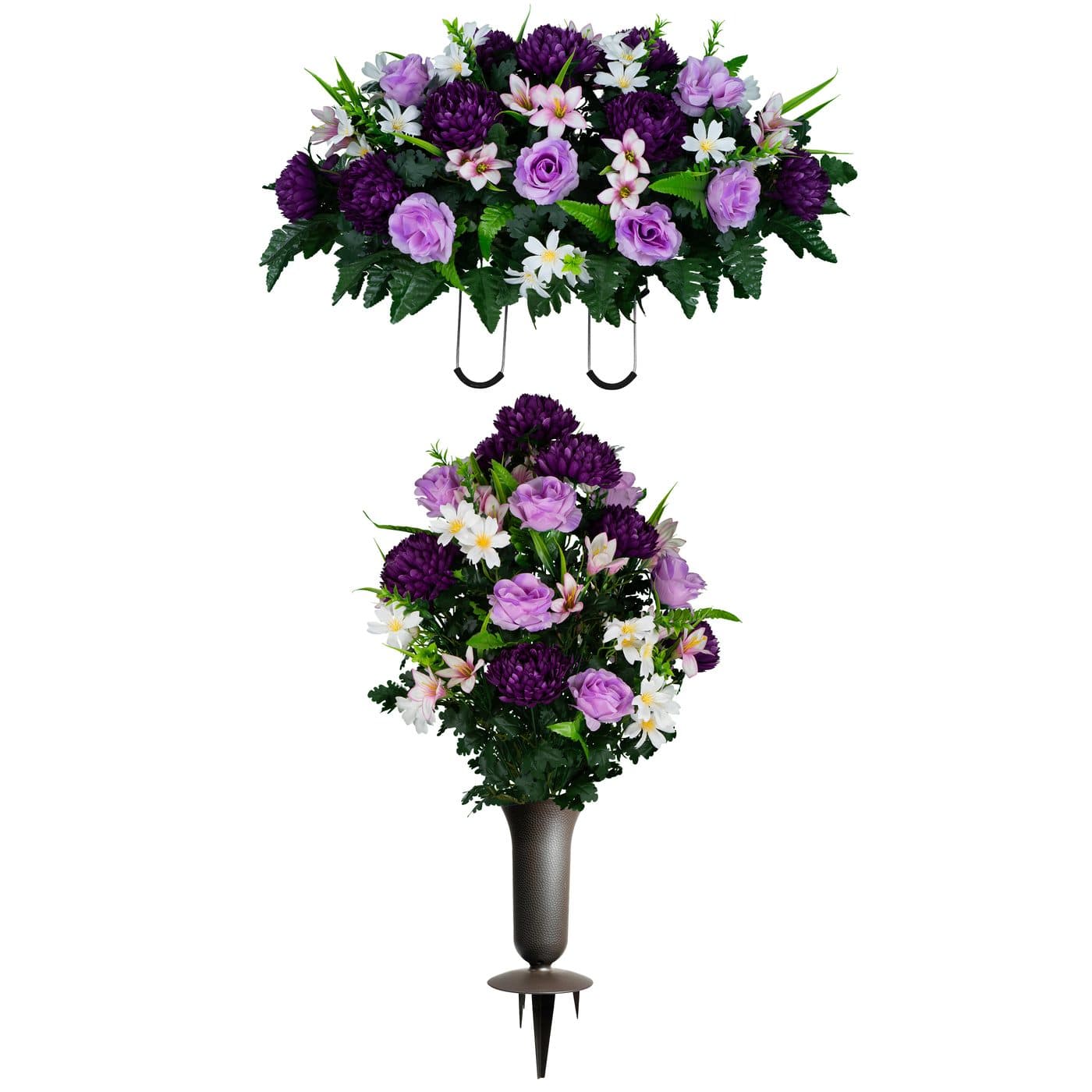 Lavender Roses and Rain Lilies with Purple Mums Saddle with (1) Bouquet and (1) Sympathy Silks Vase
