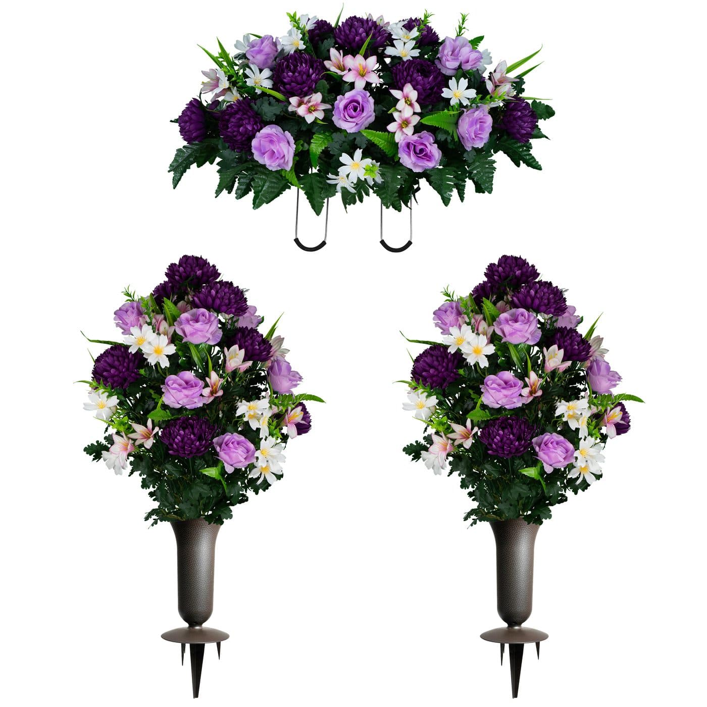 Lavender Roses and Rain Lilies with Purple Mums Saddle with (2) Bouquets and (2) Sympathy Silks Vases