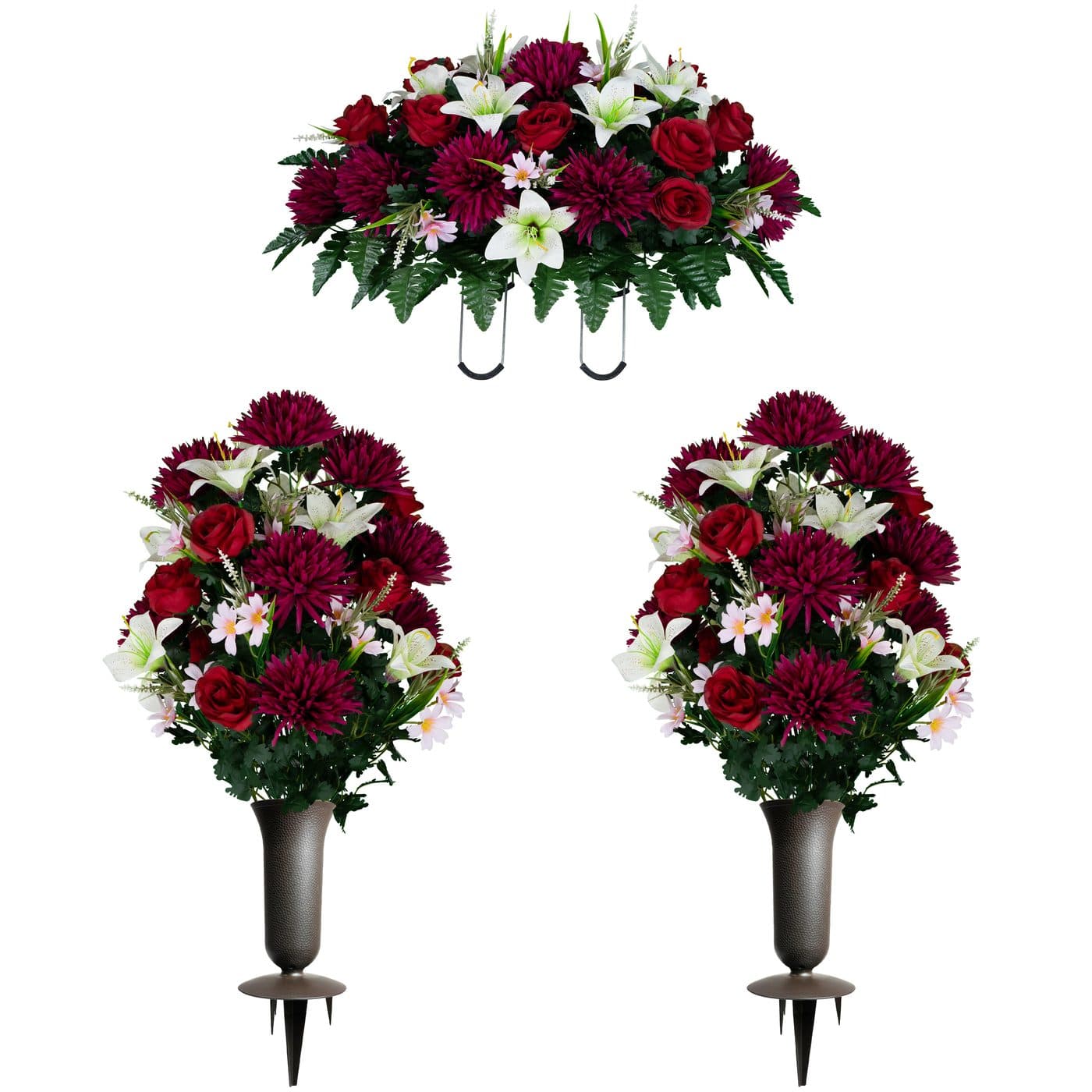 White Stargazer Lilies with Red Roses and Burgundy Mums Saddle with (2) Bouquets and (2) Vases
