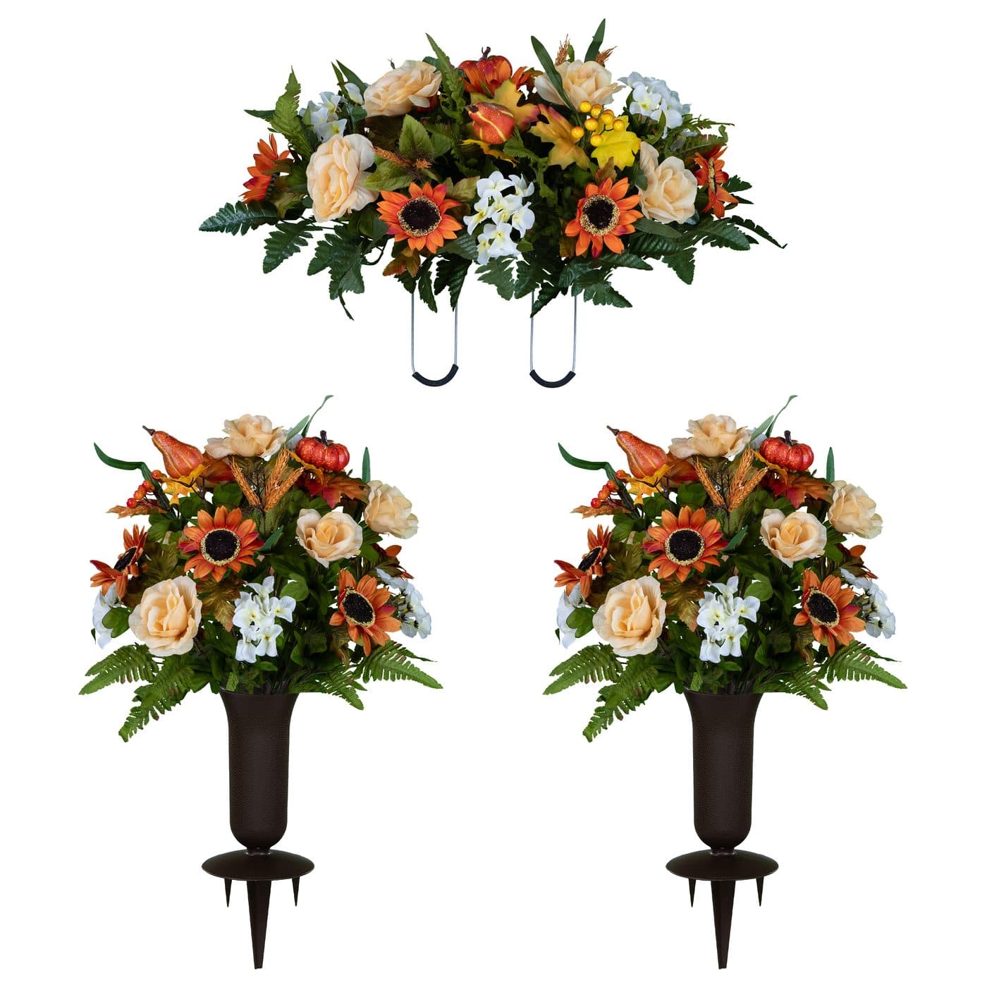 Auburn Sunflower and Pumpkin Mix Saddle with (2) Bouquets and (2) Sympathy Silks Vases