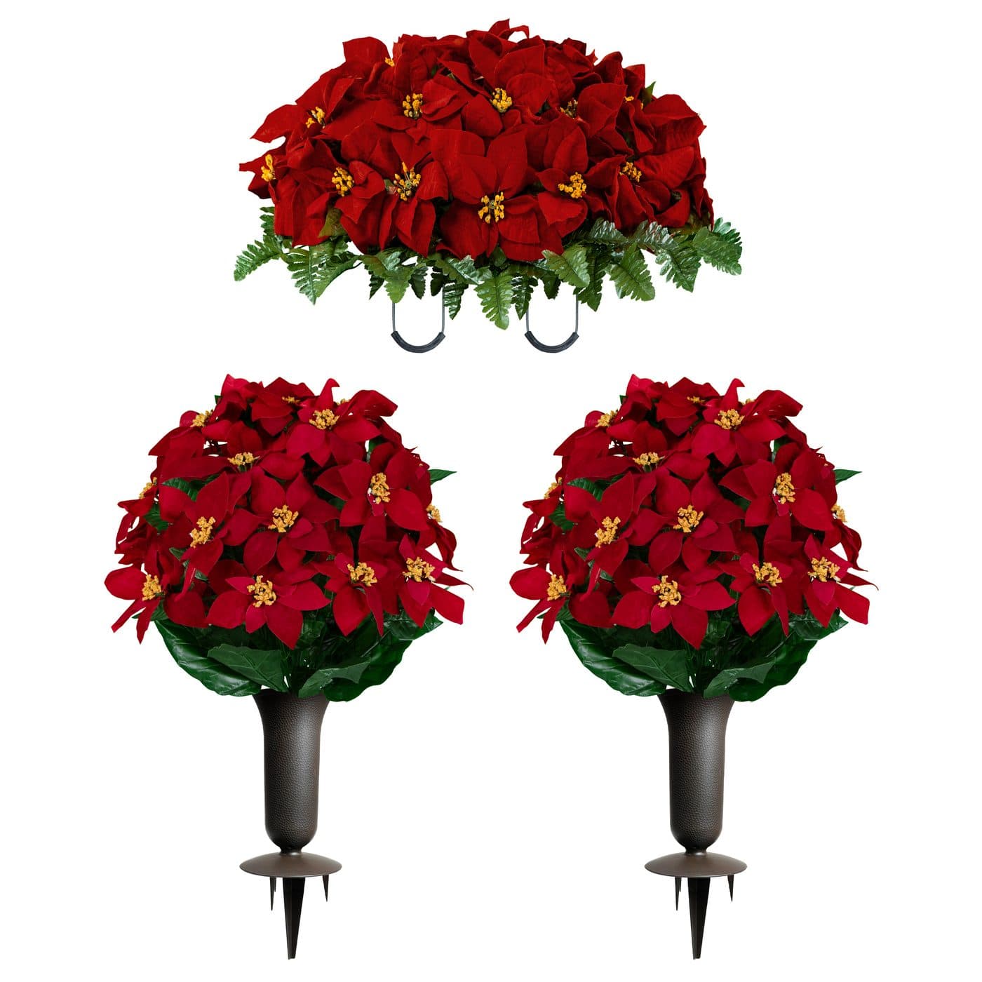 Red Poinsettia Saddle with 2 Bouquets and 2 Sympathy Silks Vases