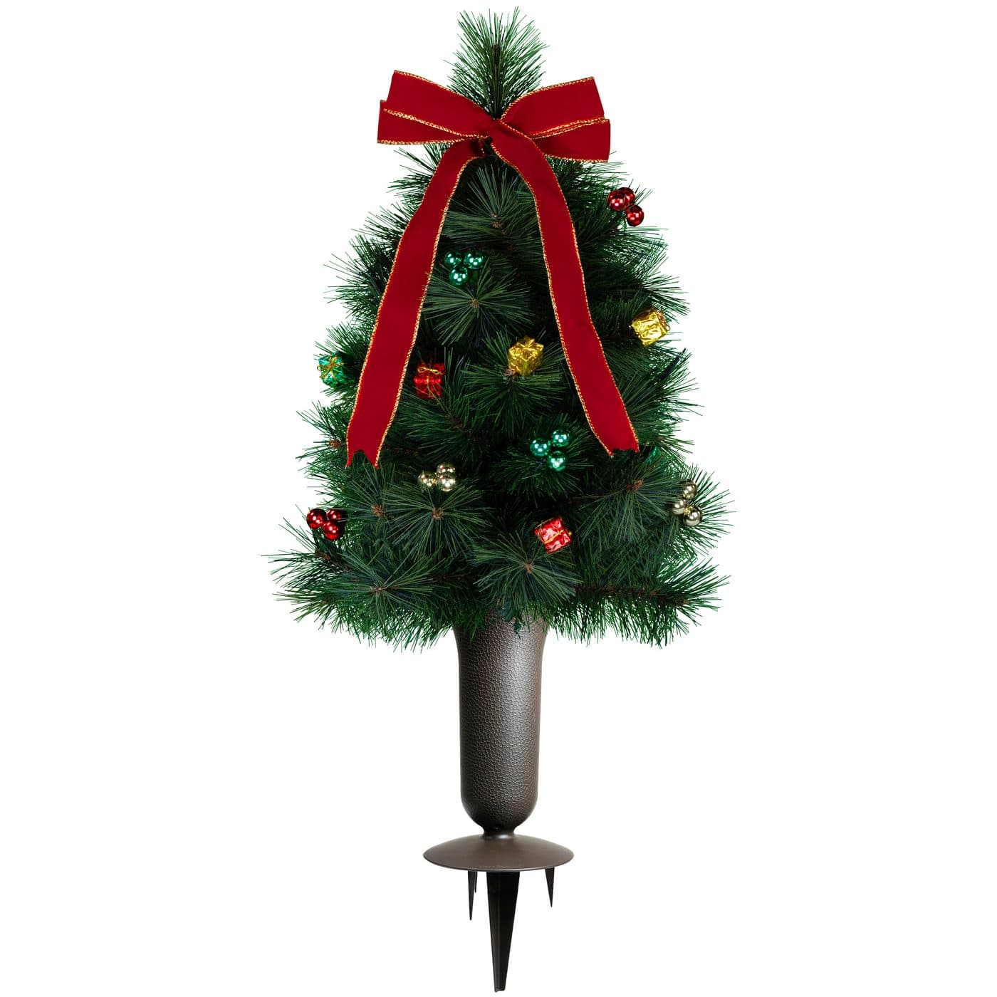 Christmas Tree with Multi Colored Decorations with Sympathy Silks Plastic Grave Vase with Spikes