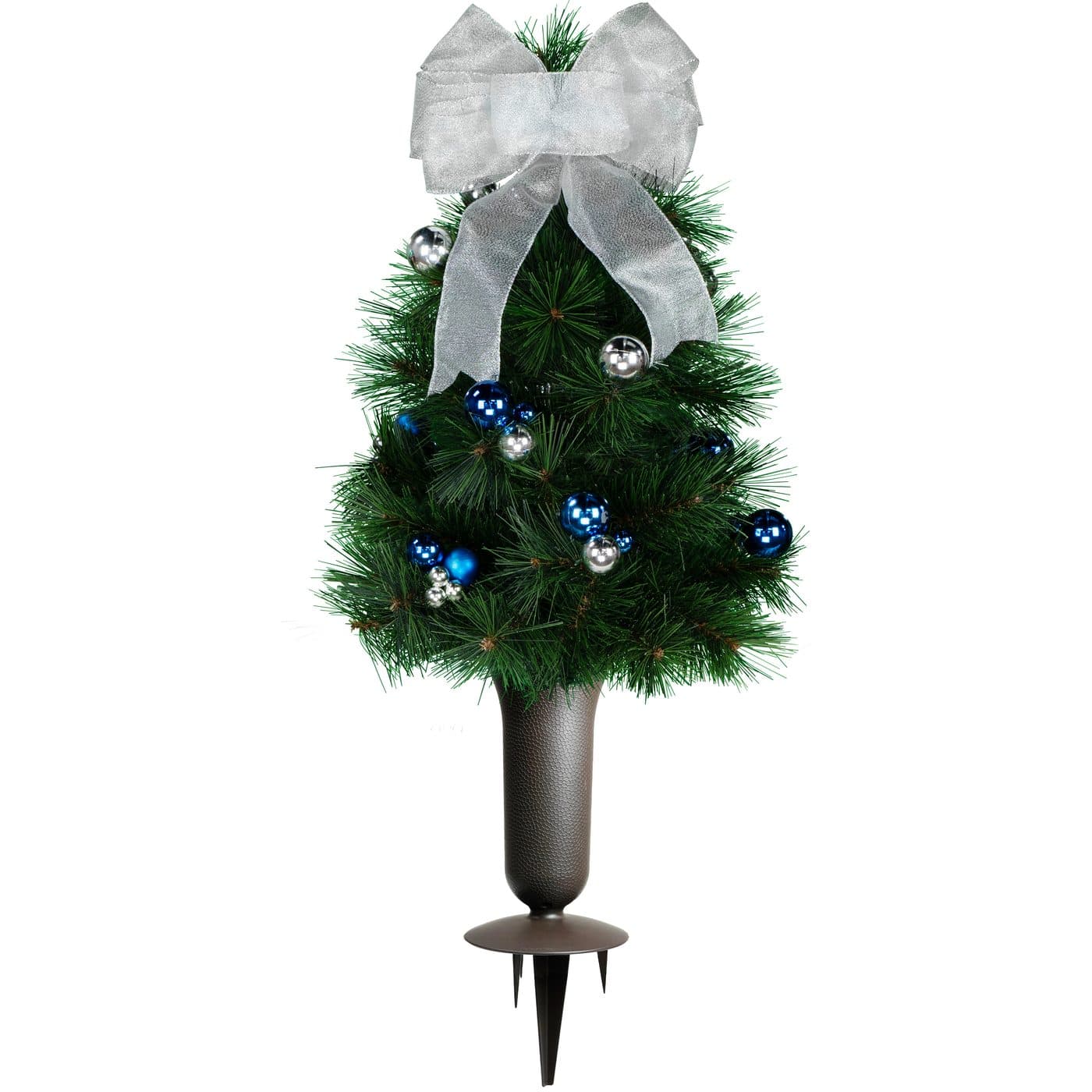 Blue and Silver Christmas Tree with Bow with Sympathy Silks Plastic Grave Vase with Spikes