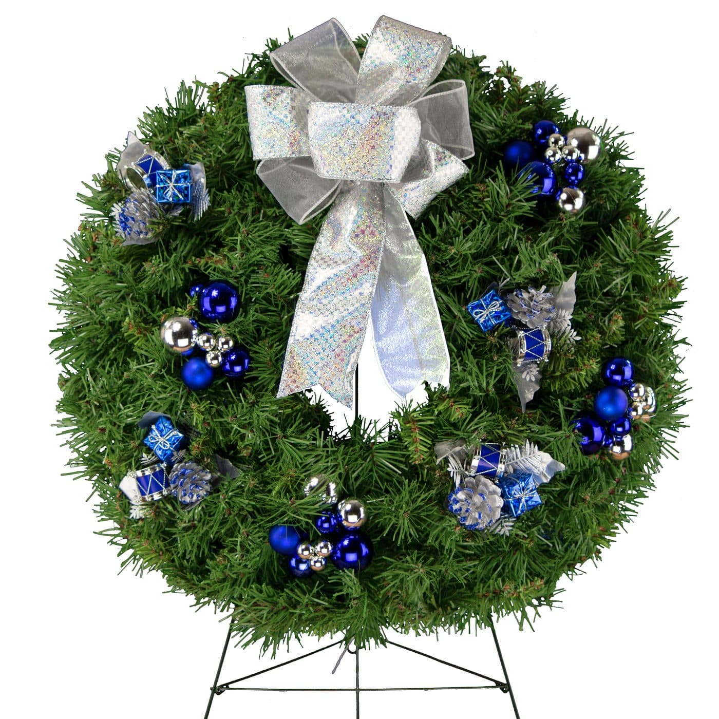 Blue and Silver Ornaments with Silver Bow