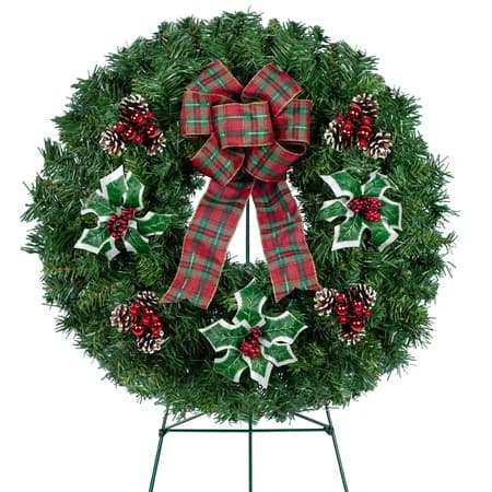 Holly and Frosted Pinecones with Plaid Bow