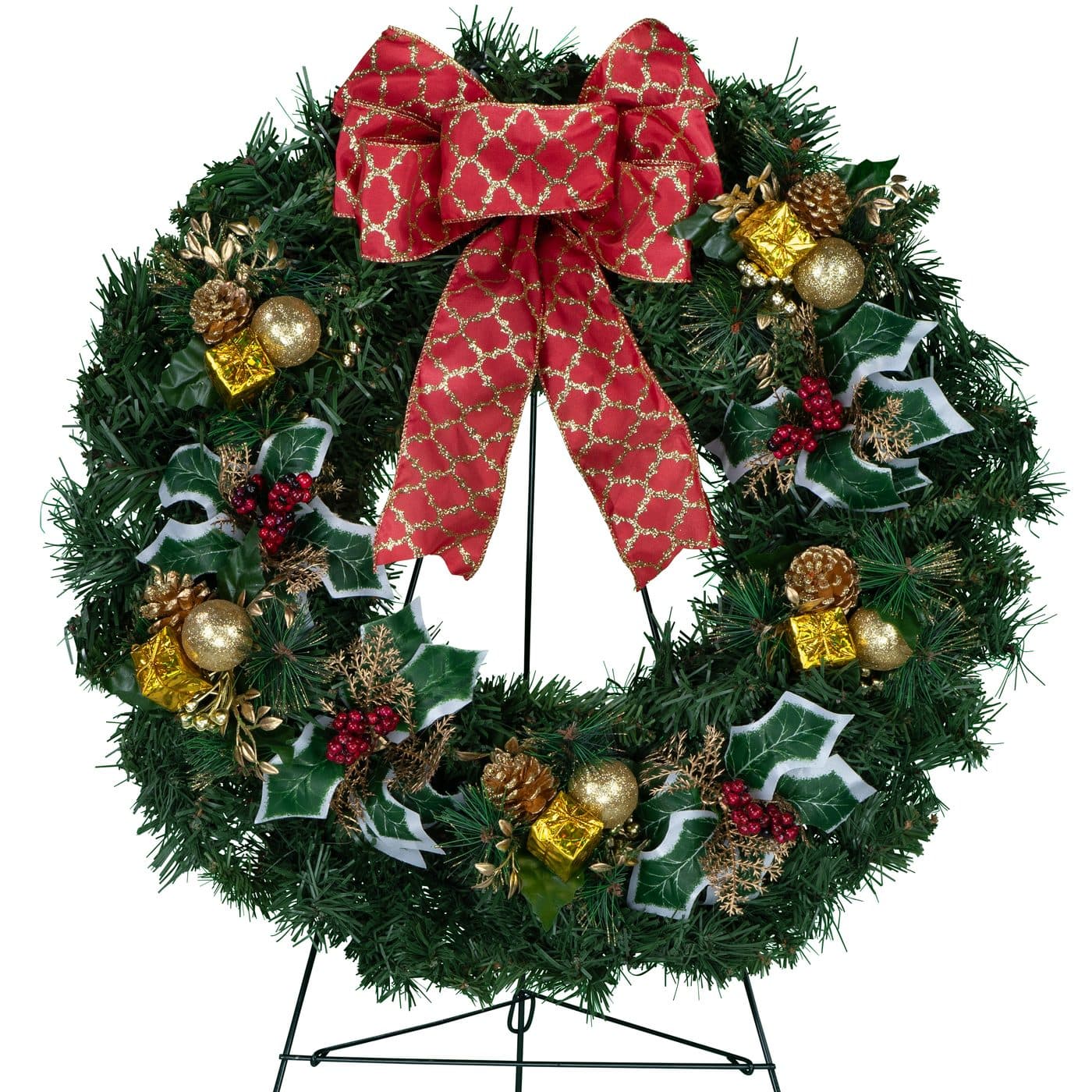 Gold Packages and Holly with Red Glitter Bow