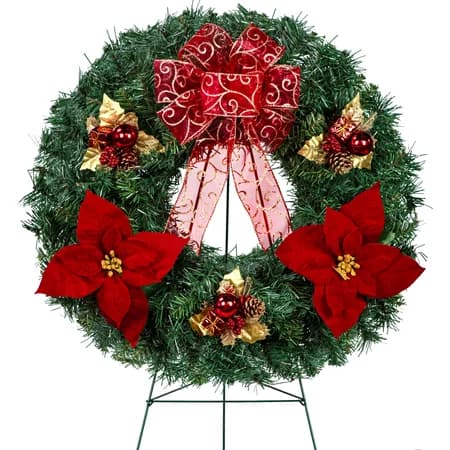 Poinsettias and Gold Leaf Ornaments with Red Glitter Bow