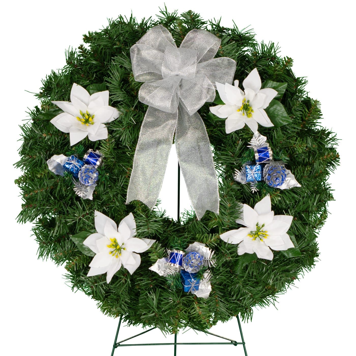 Blue with White Poinsettia and Silver Bow