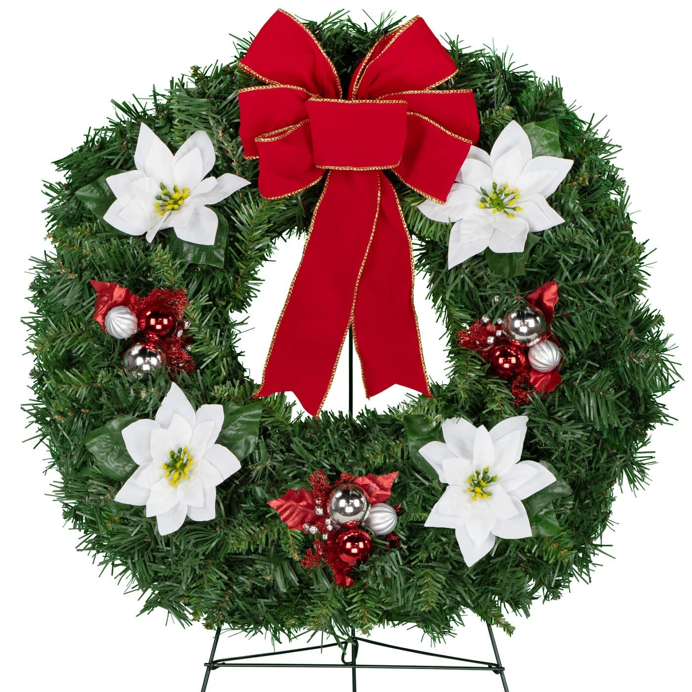 White Poinsettias with Decorations and Red Velvet Bow
