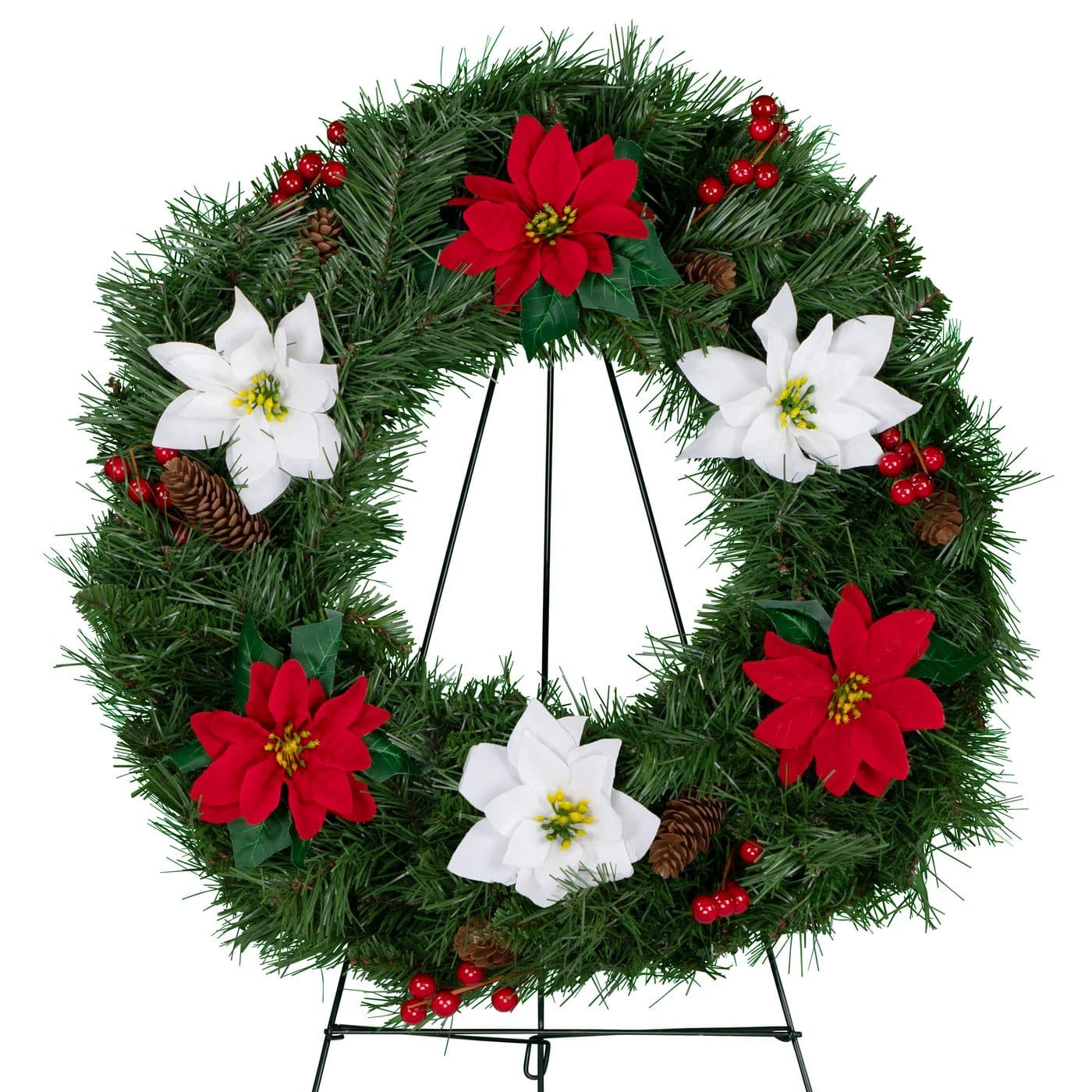 Red and White Poinsettias with Berries and Pinecones