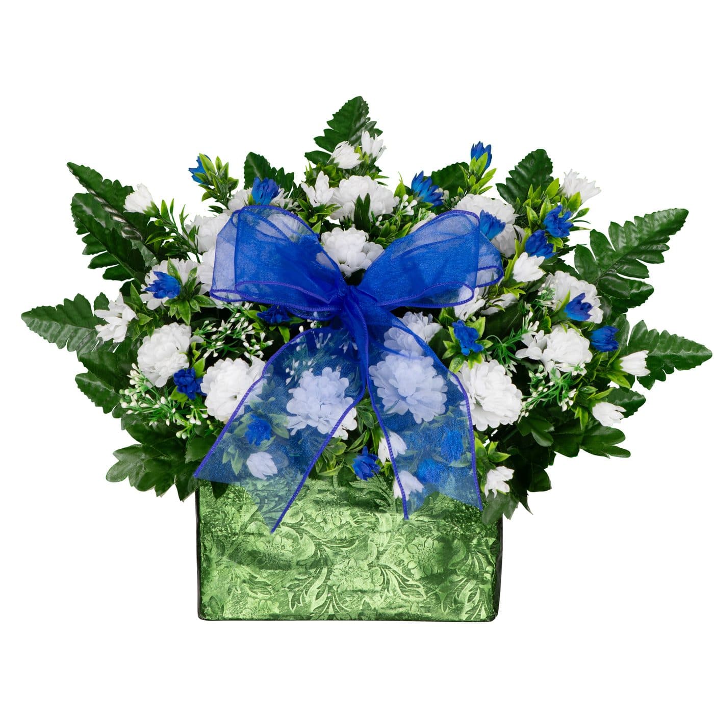 White Mums with Blue Bow