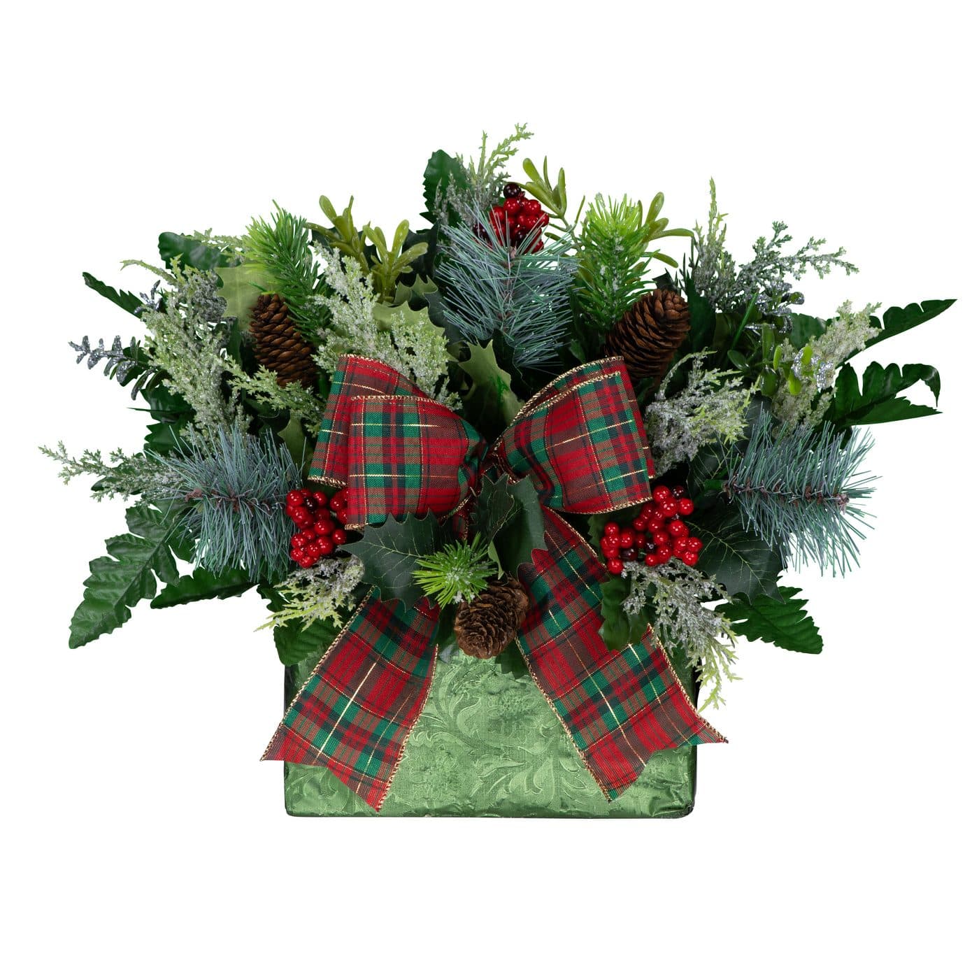 Pine with Holly and Plaid Bow