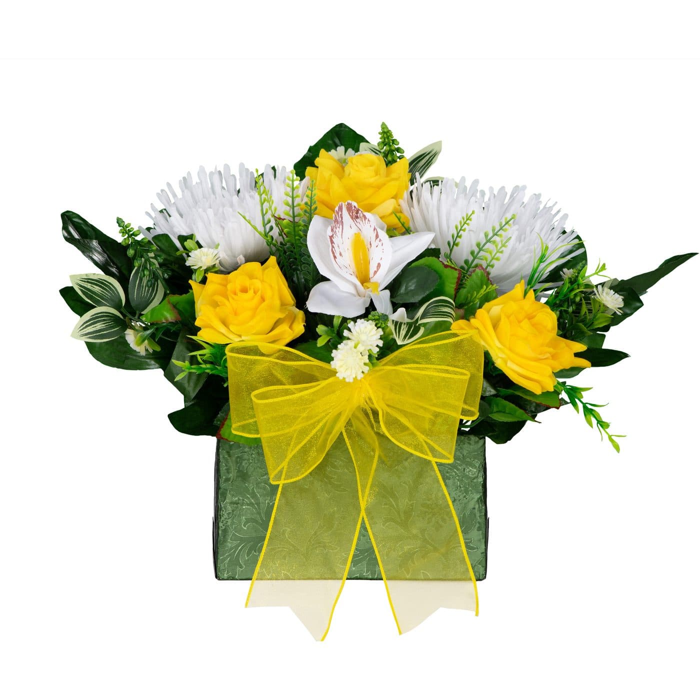 Yellow and White Mix with Greenery and Yellow Bow