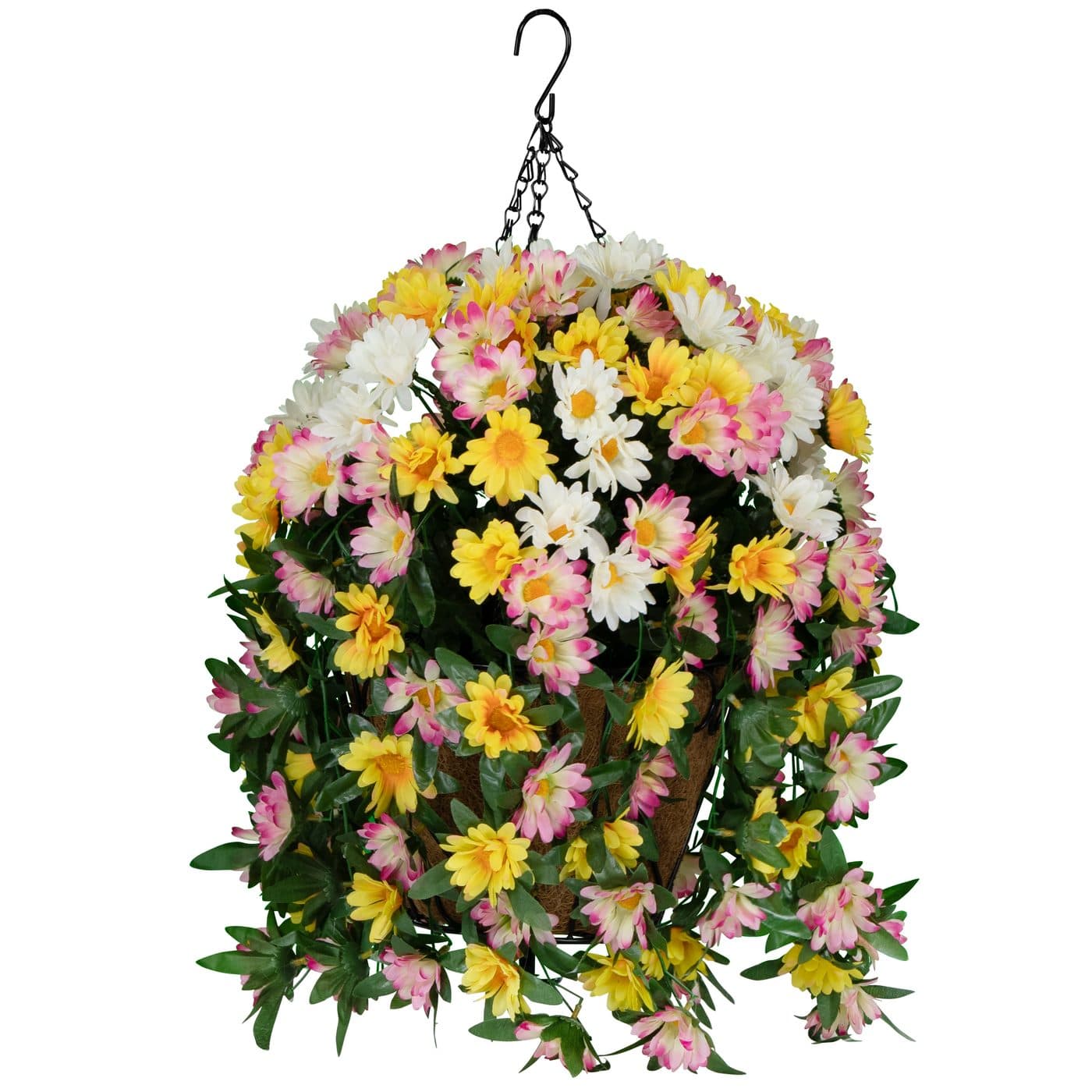 Yellow White and Pink Daisies Hanging Basket