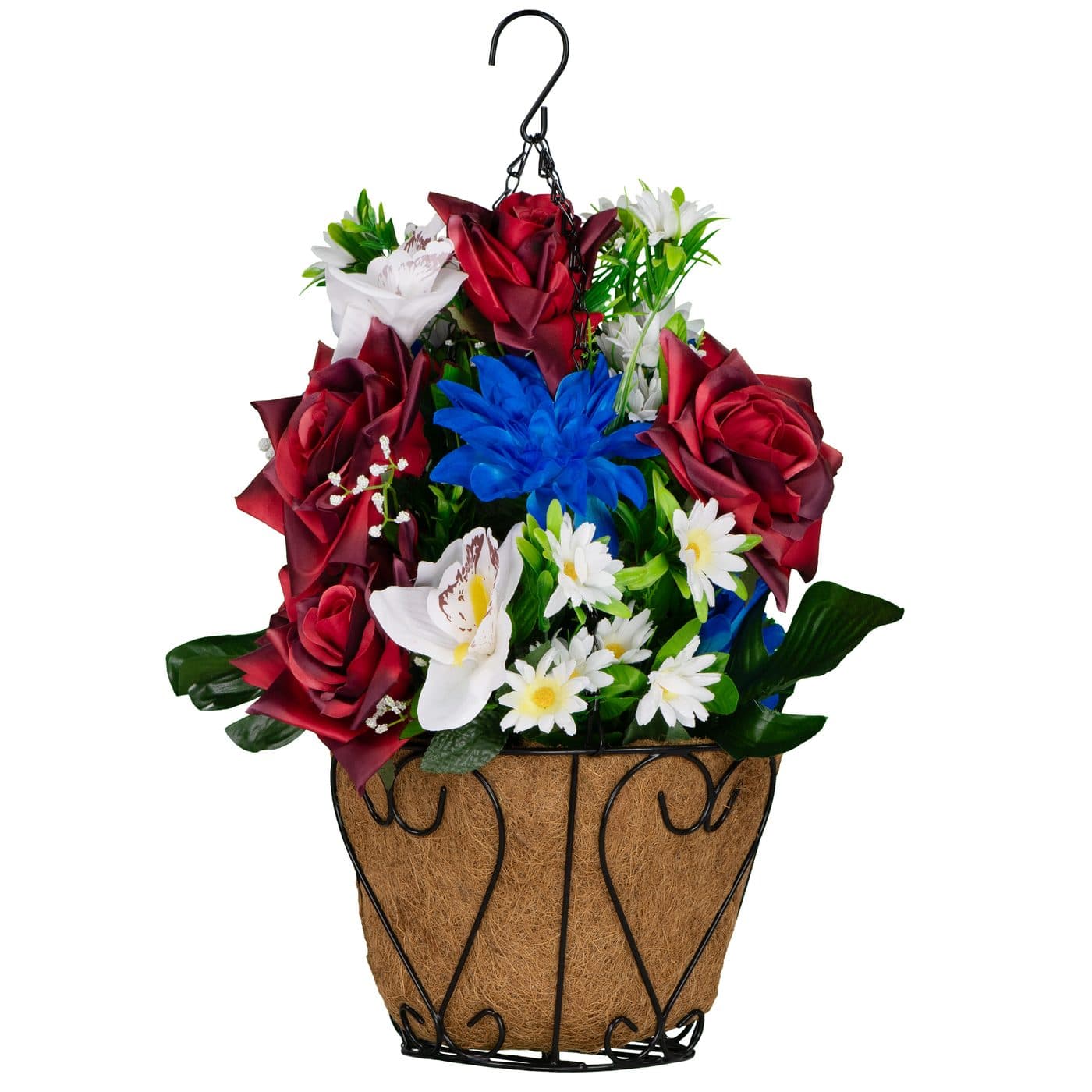 Red Roses with White Orchids and Blue Dahlias