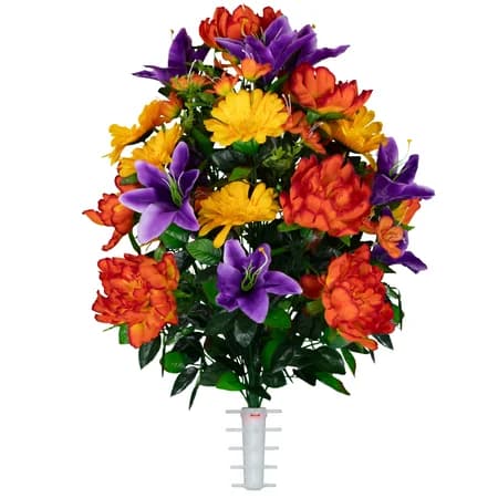 Orange Peony Purple Lilies and Yellow Daisies