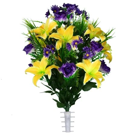 Yellow Lily with Purple Roses and Daisies