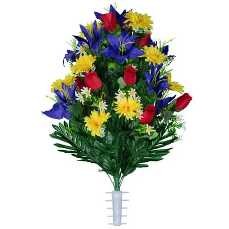 Purple Lilies with Yellow Daisies and Red Roses