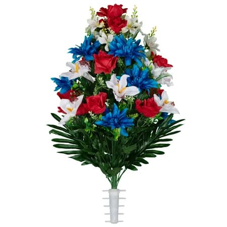Red Roses with White Orchids and Blue Dahlias
