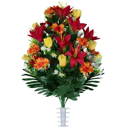 Red Lilies with Sunrise Daisies and Yellow Roses Bouquet