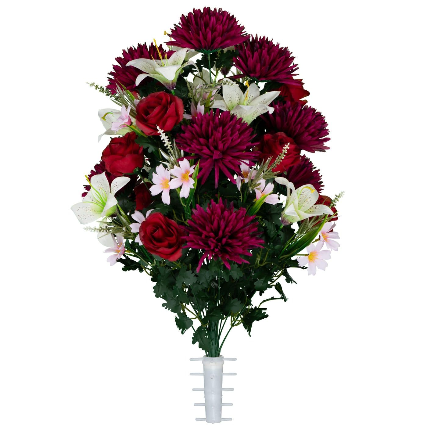 White Stargazer Lilies with Red Roses and Burgundy Mums