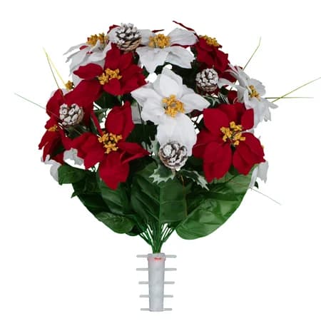 Red and White Poinsettias with Frosted Pine Cones