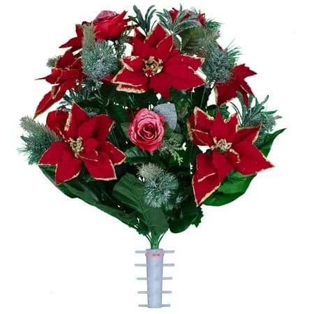Red Poinsettias and Roses with Glitter and Frosted Pine Branches