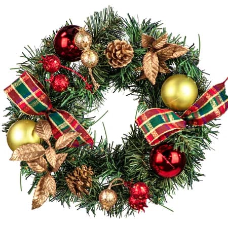10 inch Wreath With Plaid Ribbon and Ornaments