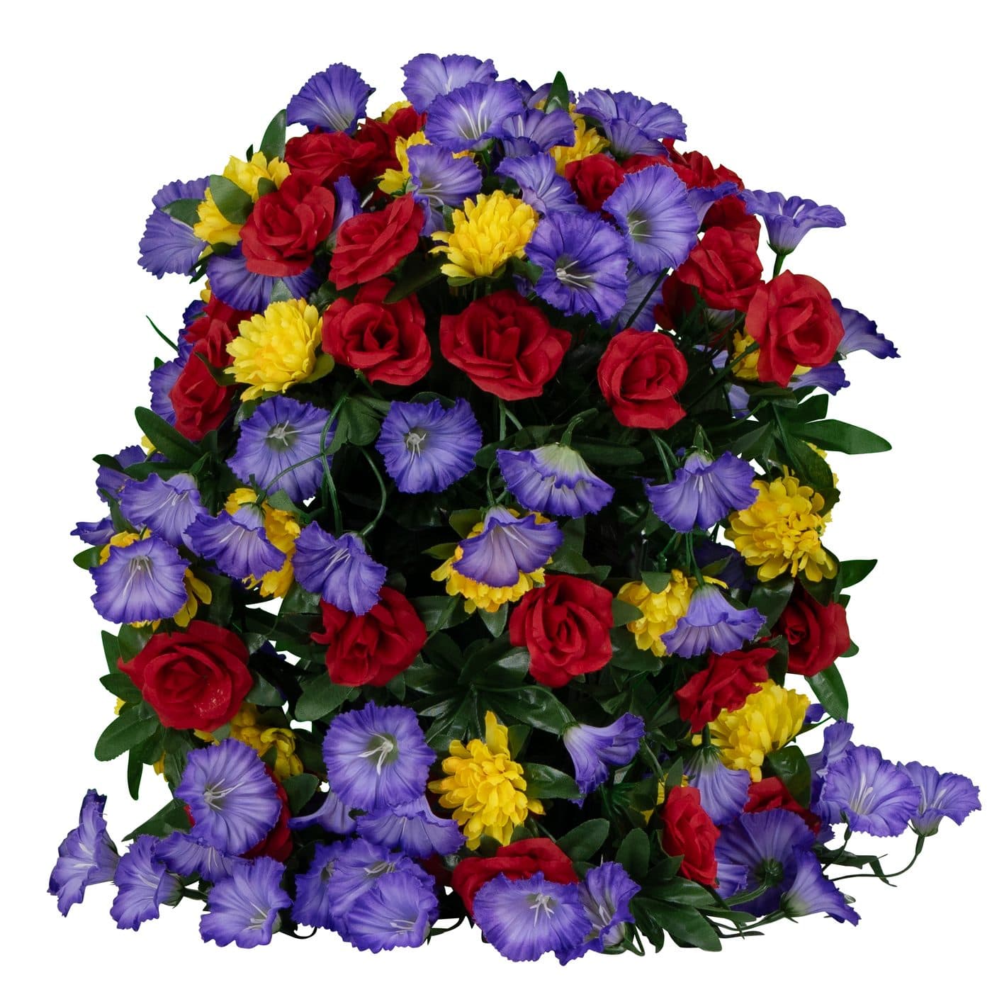 Trailing Red Roses Purple Morning Glories and Yellow Mums Pot
