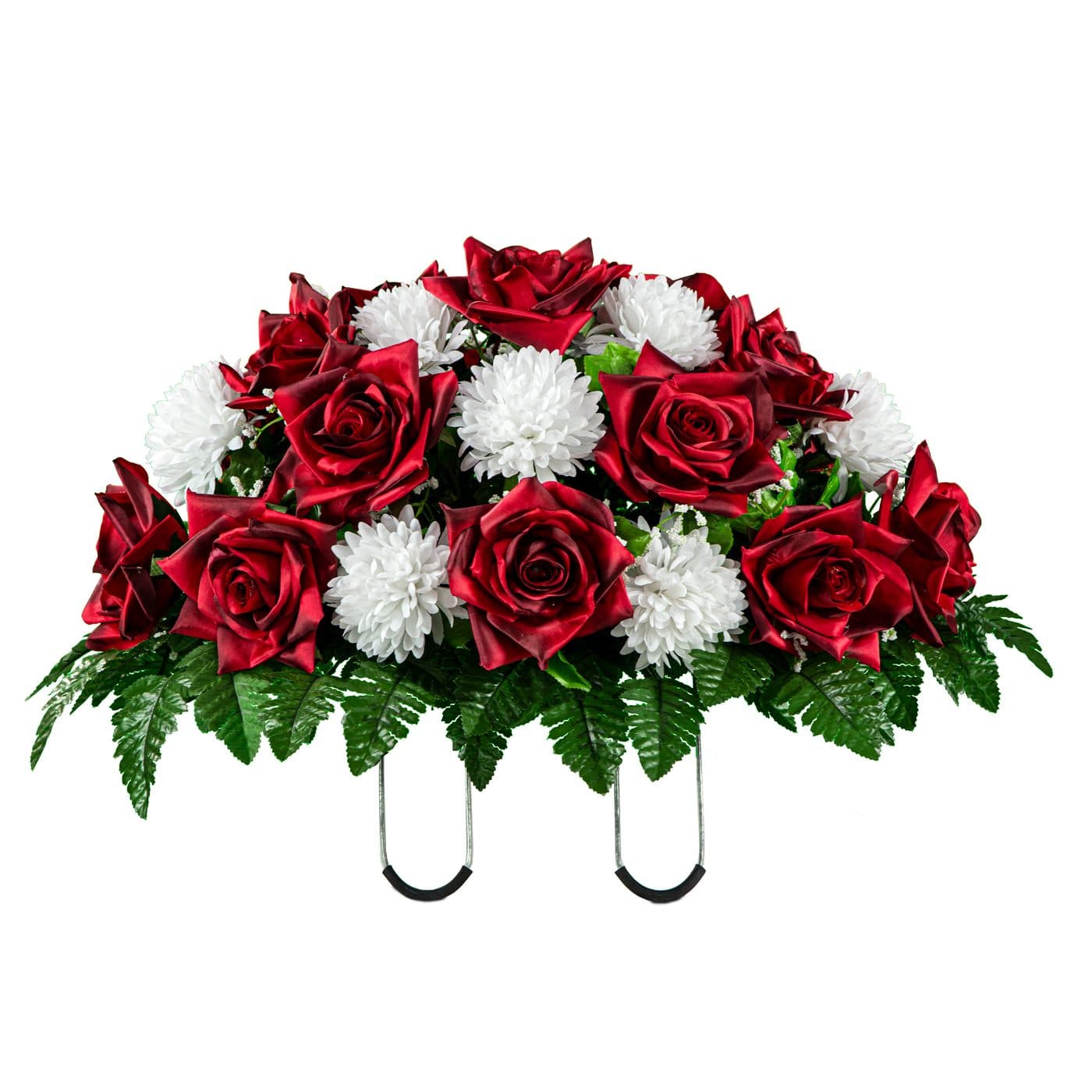 Two Tone Dark Red Rose with White Mum Monument Saddle