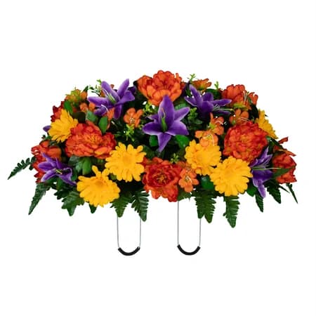 Orange Peony Purple Lilies and Yellow Daisies