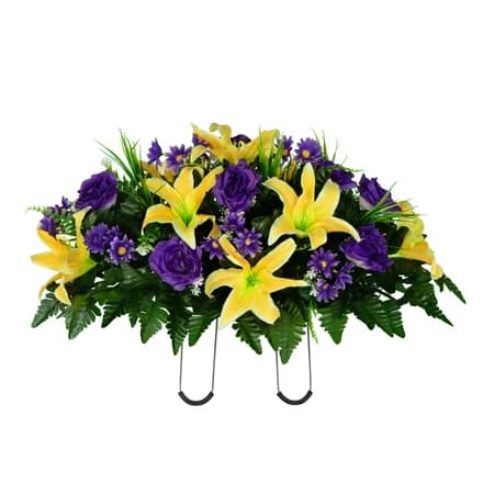 Yellow Lily with Purple Roses and Daisies
