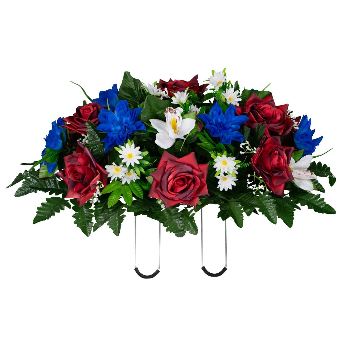 Red Open Roses White Orchids and Blue Dahlias