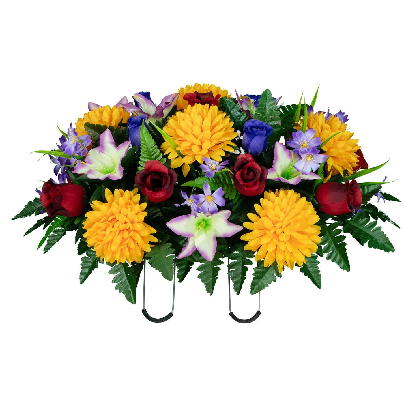 Sunshine Mums with Red and Purple Roses and Lavender Lilies