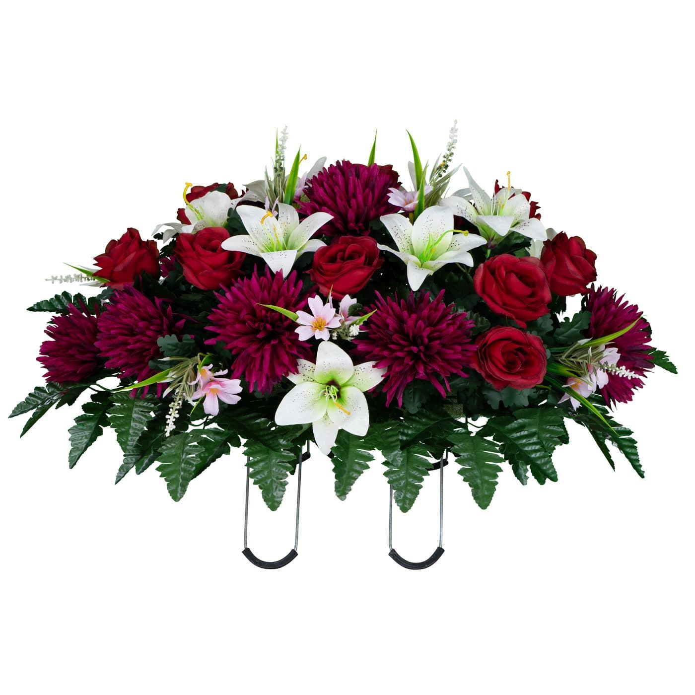 White Stargazer Lilies with Red Roses and Burgundy Mums