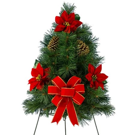 Sympathy Silks Tree on Easel with Poinsettias and Pinecones