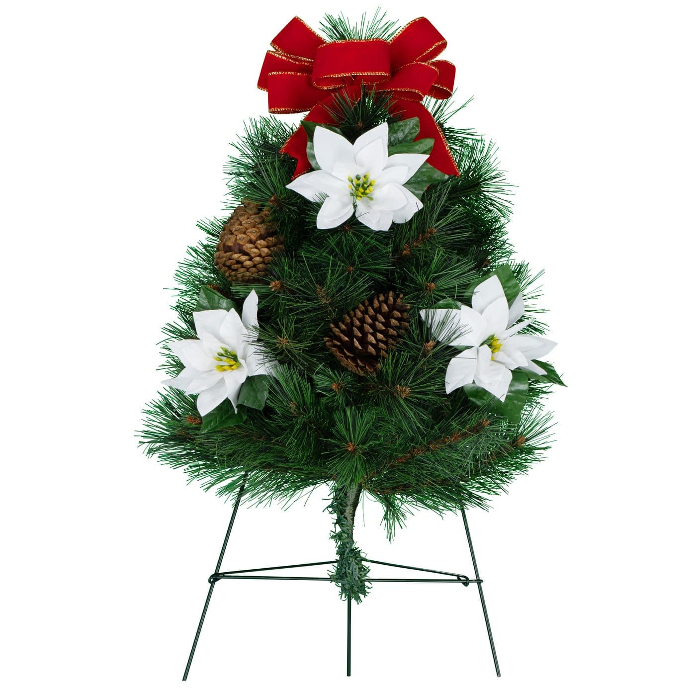 Christmas Tree with White Poinsettia and Red Bow on Easel