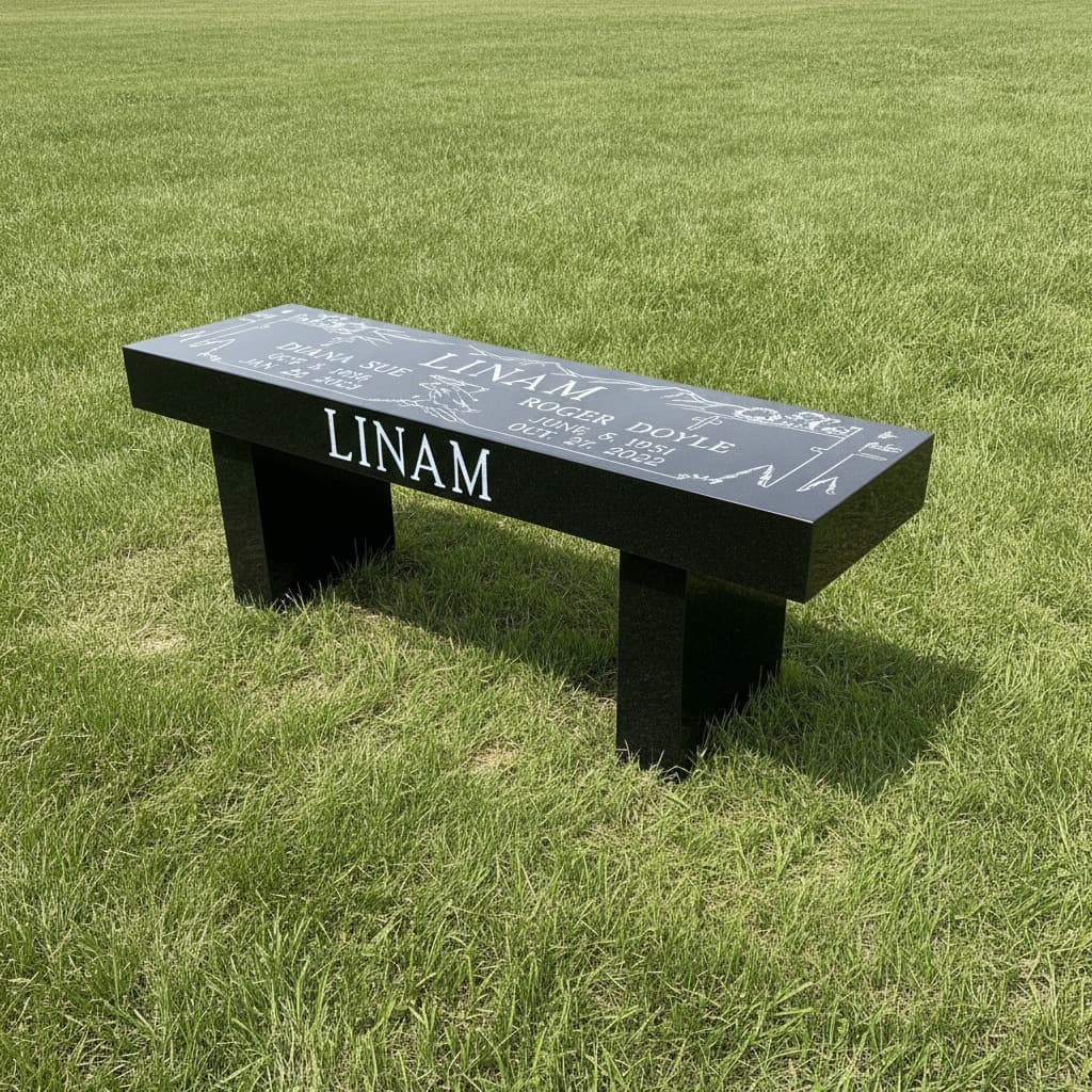 A memorial bench on short grass