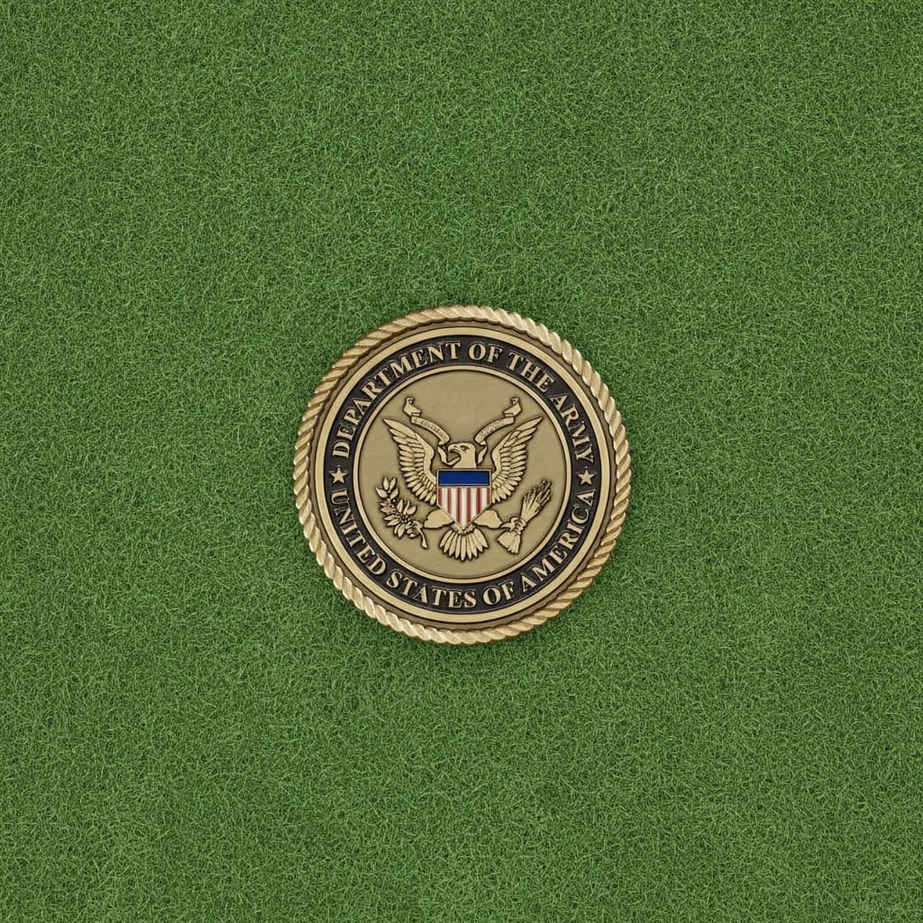 Army seal medallion on short grass