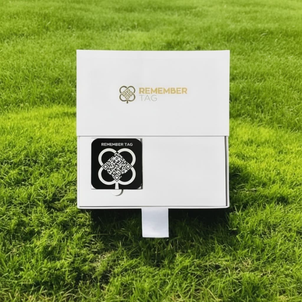 RememberTag QR memorial tag in its gift box on the grass