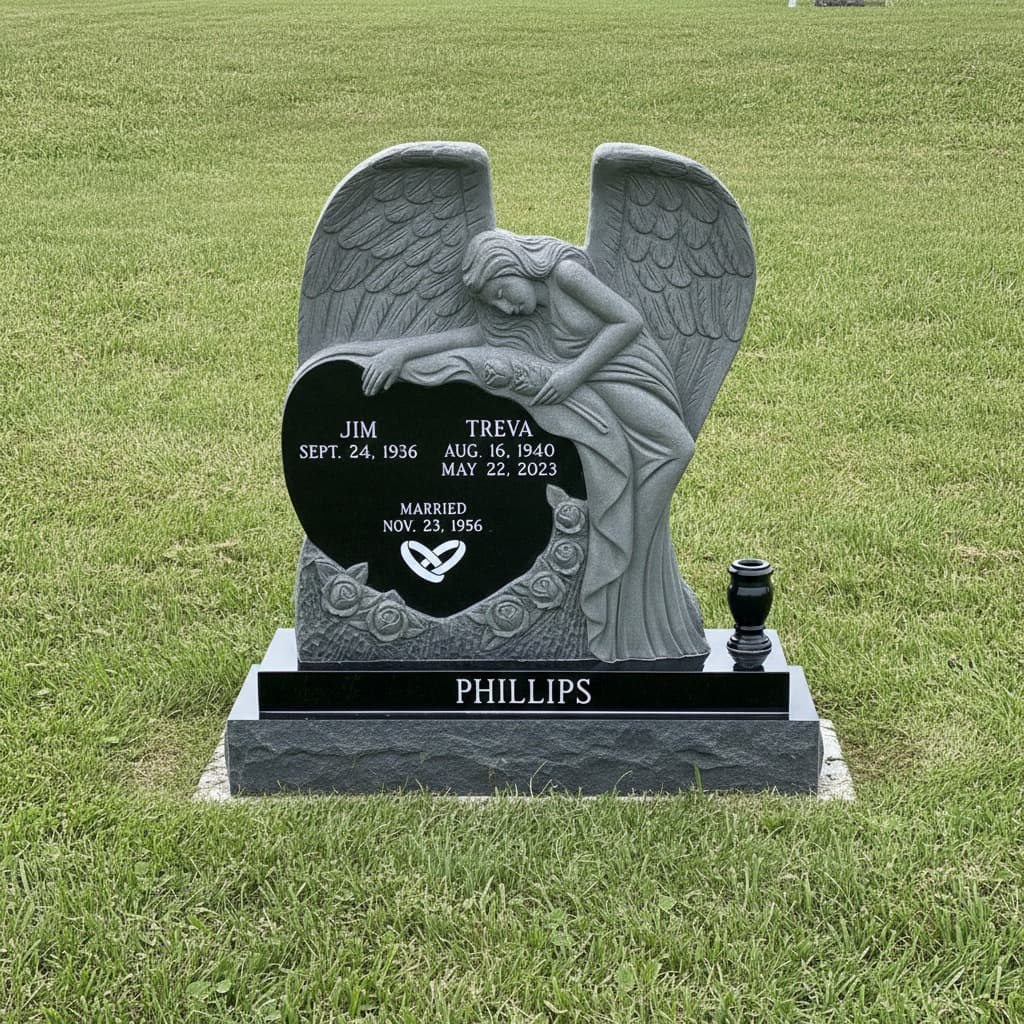 Sculpted granite monument on short grass