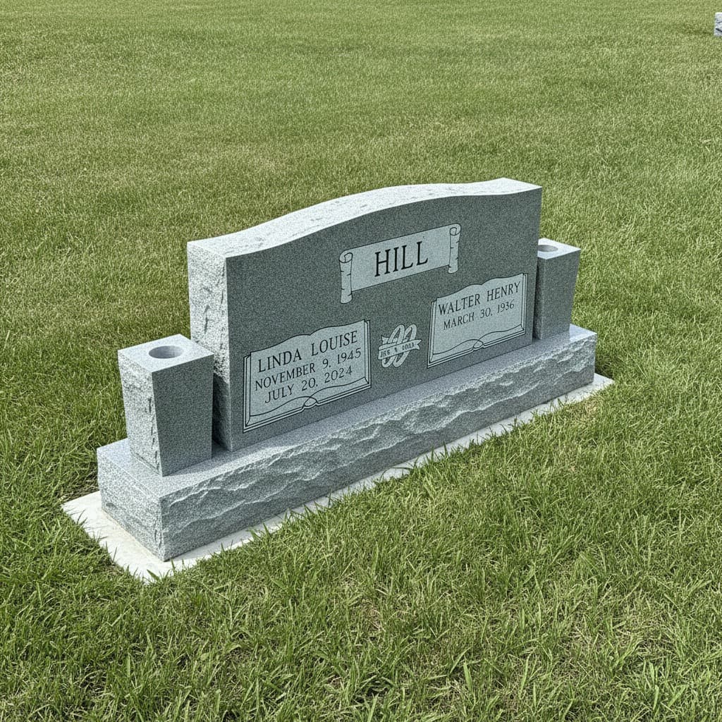 A granite monument on short grass