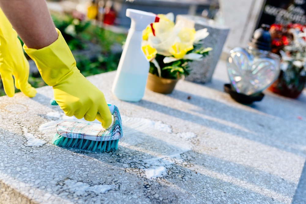 cleaning a headstone